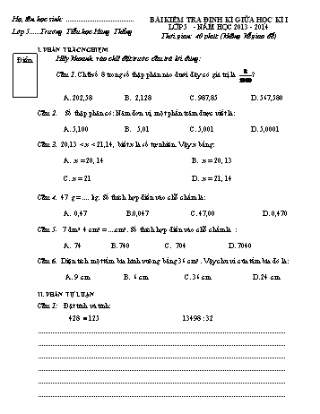 Bài kiểm tra định kì giữa học kì I môn Toán Lớp 5 - Năm học 2013-2014 - Trường Tiểu học Hùng Thắng