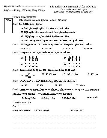 Bài kiểm tra định kì giữa học kì I môn Toán Lớp 5 - Năm học 2012-2013 - Trường Tiểu học Hùng Thắng