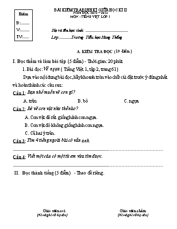 Bài kiểm tra định kì giữa học kì II môn Tiếng Việt Lớp 1 - Năm học 2012-2013 - Trường Tiểu học Hùng Thắng (Có đáp án)