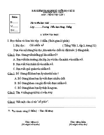 Bài kiểm tra định kì giữa học kì II môn Tiếng Việt Lớp 1 - Năm học 2011-2012 - Trường Tiểu học Hùng Thắng (Có đáp án)