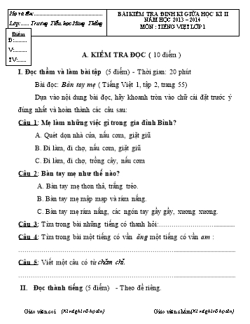 Bài kiểm tra định kì giữa học kì II môn Tiếng Việt Lớp 1 - Năm học 2013-2014 - Trường Tiểu học Hùng Thắng (Có đáp án)