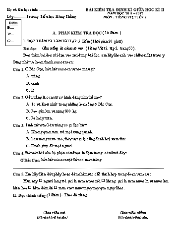 Bài kiểm tra định kì giữa học kì II môn Tiếng Việt Lớp 2 - Năm học 2011-2012 - Trường Tiểu học Hùng Thắng (Có đáp án)