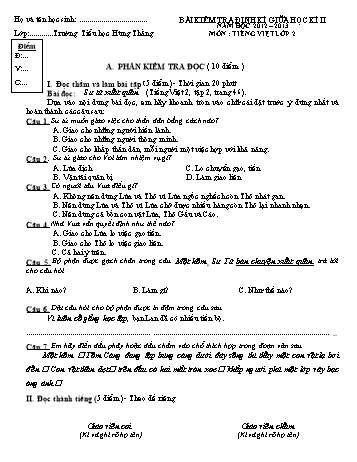 Bài kiểm tra định kì giữa học kì II môn Tiếng Việt Lớp 2 - Năm học 2012-2013 - Trường Tiểu học Hùng Thắng (Có đáp án)
