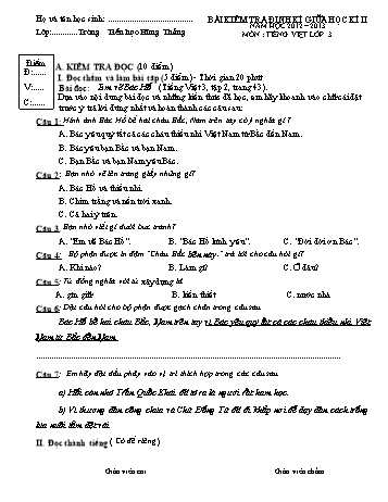 Bài kiểm tra định kì giữa học kì II môn Tiếng Việt Lớp 3 - Năm học 2012-2013 - Trường Tiểu học Hùng Thắng (Có đáp án)