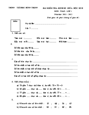 Bài kiểm tra định kì giữa học kì II môn Toán Lớp 1 - Năm học 2011-2012 - Trường Tiểu học Hùng Thắng