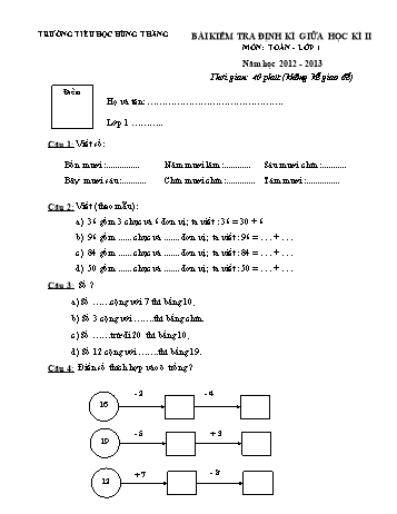 Bài kiểm tra định kì giữa học kì II môn Toán Lớp 1 - Năm học 2012-2013 - Trường Tiểu học Hùng Thắng