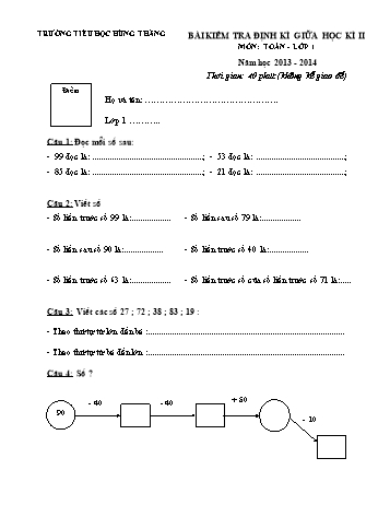 Bài kiểm tra định kì giữa học kì II môn Toán Lớp 1 - Năm học 2013-2014 - Trường Tiểu học Hùng Thắng