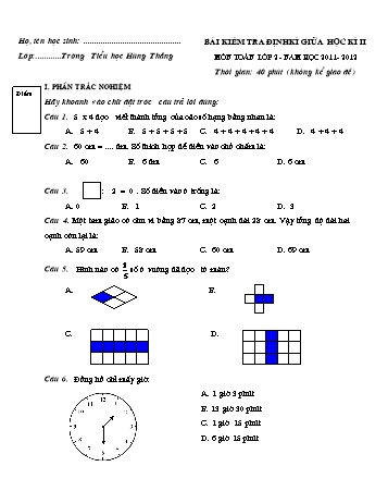 Bài kiểm tra định kì giữa học kì II môn Toán Lớp 2 - Năm học 2011-2012 - Trường Tiểu học Hùng Thắng