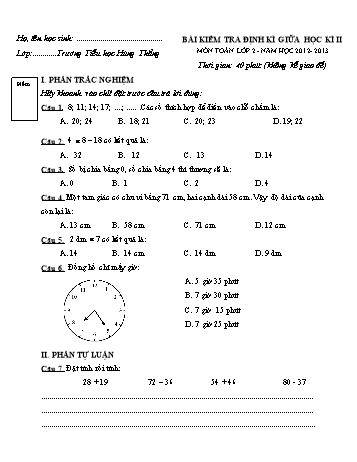 Bài kiểm tra định kì giữa học kì II môn Toán Lớp 2 - Năm học 2012-2013 - Trường Tiểu học Hùng Thắng