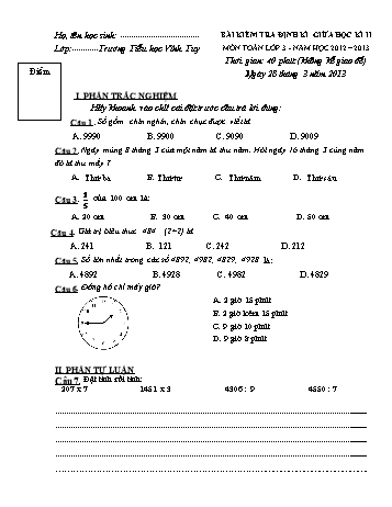 Bài kiểm tra định kì giữa học kì II môn Toán Lớp 3 - Năm học 2012-2013 - Trường Tiểu học Vĩnh Tuy (Có đáp án)