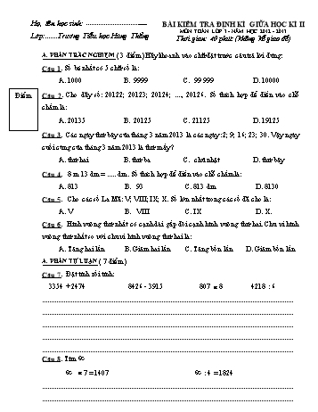Bài kiểm tra định kì giữa học kì II môn Toán Lớp 3 - Năm học 2012-2013 - Trường Tiểu học Hùng Thắng