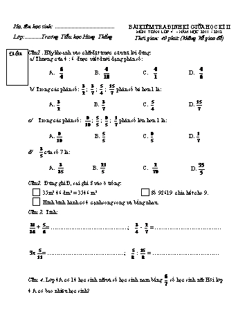 Bài kiểm tra định kì giữa học kì II môn Toán Lớp 4 - Năm học 2011-2012 - Trường Tiểu học Hùng Thắng