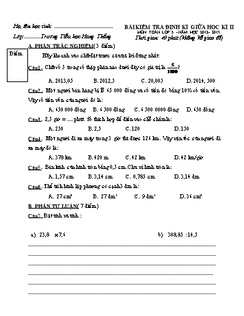 Bài kiểm tra định kì giữa học kì II môn Toán Lớp 5 - Năm học 2012-2013 - Trường Tiểu học Hùng Thắng
