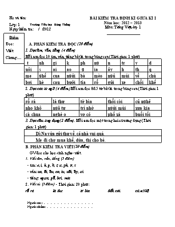 Bài kiểm tra định kì giữa kì I môn Tiếng Việt Lớp 1 - Năm học 2012-2013 - Trường Tiểu học Hùng Thắng