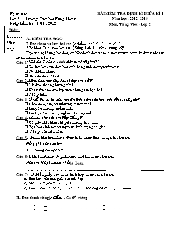 Bài kiểm tra định kì giữa kì I môn Tiếng Việt Lớp 2 - Năm học 2012-2013 - Trường Tiểu học Hùng Thắng (Có đáp án)