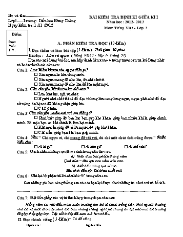 Bài kiểm tra định kì giữa kì I môn Tiếng Việt Lớp 3 - Năm học 2012-2013 - Trường Tiểu học Hùng Thắng (Có đáp án)