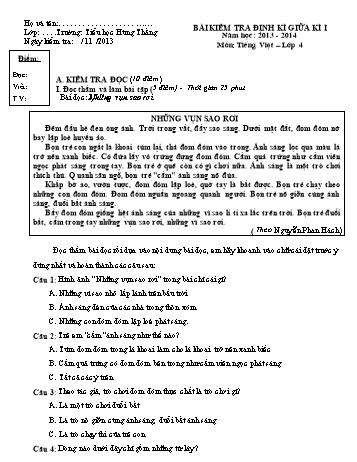 Bài kiểm tra định kì giữa kì I môn Tiếng Việt Lớp 4 - Năm học 2013-2014 - Trường Tiểu học Hùng Thắng (Có đáp án)