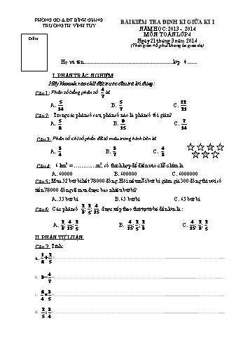 Bài kiểm tra định kì giữa kì I môn Toán Lớp 4 - Năm học 2013-2014 - Trường Tiểu học Vĩnh Tuy (Có đáp án)