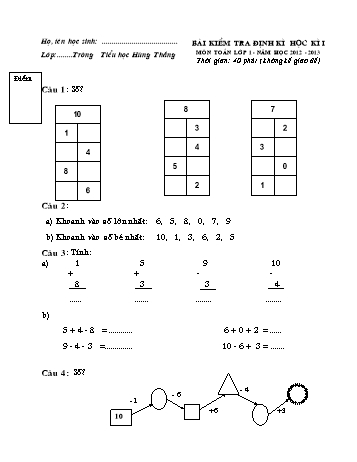 Bài kiểm tra định kì học kì I môn Toán Lớp 1 - Năm học 2012-2013 - Trường Tiểu học Hùng Thắng