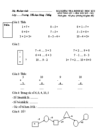 Bài kiểm tra định kì học kì I môn Toán Lớp 1 - Năm học 2013-2014 - Trường Tiểu học Hùng Thắng