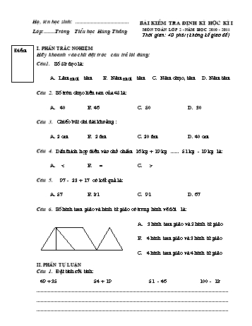 Bài kiểm tra định kì học kì I môn Toán Lớp 2 - Năm học 2010-2011 - Trường Tiểu học Hùng Thắng