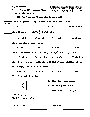 Bài kiểm tra định kì học kì I môn Toán Lớp 3 - Năm học 2012-2013 - Trường Tiểu học Hùng Thắng