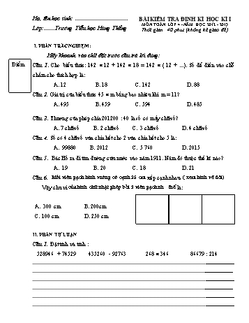 Bài kiểm tra định kì học kì I môn Toán Lớp 4 - Năm học 2012-2013 - Trường Tiểu học Hùng Thắng