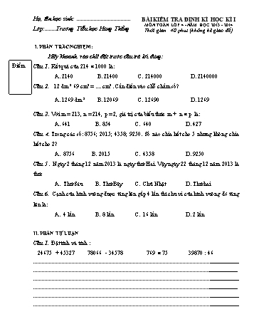 Bài kiểm tra định kì học kì I môn Toán Lớp 4 - Năm học 2013-2014 - Trường Tiểu học Hùng Thắng