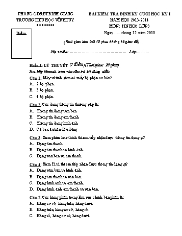 Bài kiểm tra định kỳ cuối học kỳ I môn Tin học Lớp 3 - Năm học 2013-2014 - Trường Tiểu học Vĩnh Tuy