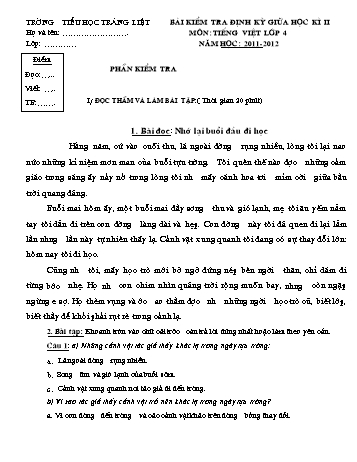 Bài kiểm tra định kỳ giữa học kì II môn Tiếng Việt Lớp 4 - Năm học 2011-2012 - Trường Tiểu học Tráng Liệt (Có đáp án)