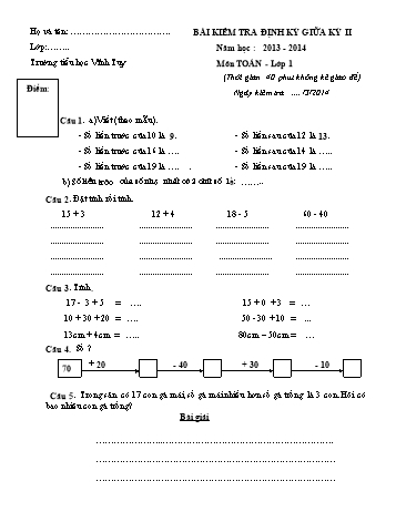 Bài kiểm tra định kỳ giữa kỳ II môn Toán, Tiếng Việt Lớp 1 - Năm học 2013-2014 - Trường Tiểu học Vĩnh Tuy (Có đáp án)