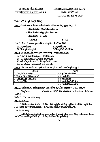 Bài kiểm tra định kỳ môn Ngữ văn Lớp 9 - Trường THCS Chu Văn An (Kèm hướng dẫn chấm)