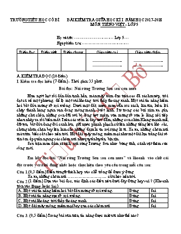 Bài kiểm tra giữa học kì I môn Tiếng Việt Lớp 5 - Năm học 2017-2018 - Trường Tiểu học Cổ Bì (Có đáp án)