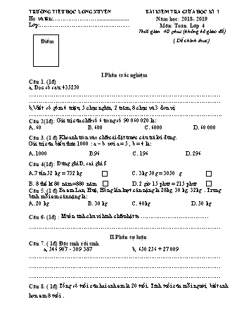 Bài kiểm tra giữa học kì I môn Toán Lớp 4 - Năm học 2018-2019 - Trường Tiểu học Long Xuyên (Có đáp án)
