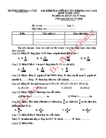 Bài kiểm tra giữa học kì I môn Toán Lớp 5 - Năm học 2017-2018 - Trường Tiểu học Cổ Bì (Có đáp án)