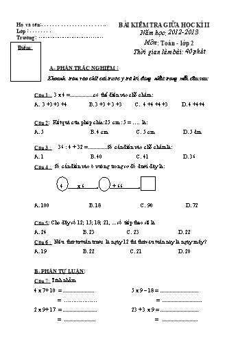 Bài kiểm tra giữa học kì II môn Toán, Tiếng Việt Lớp 2 - Năm học 2012- 2013 (Có đáp án)