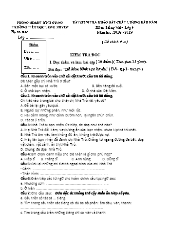 Bài kiểm tra khảo sát chất lượng đầu năm môn Tiếng Việt Lớp 4 - Năm học 2018-2019 - Trường Tiểu học Long Xuyên (Có đáp án)