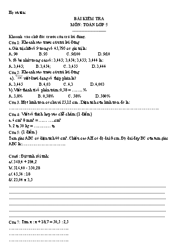 Bài kiểm tra môn Toán, Tiếng Việt Lớp 5