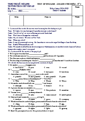 Bài kiểm tra số 3 môn Tiếng Anh Lớp 6 thí điểm - Năm học 2014-2015 - Trường THCS Chu Văn An (Có đáp án)
