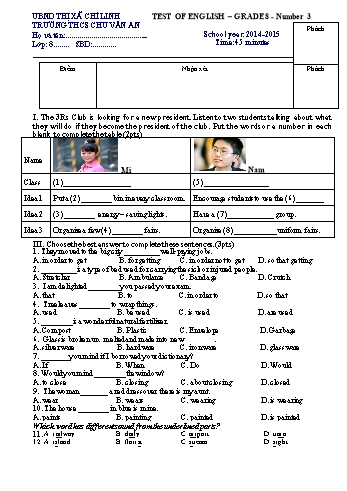 Bài kiểm tra số 3 môn Tiếng Anh Lớp 8 - Năm học 2014-2015 - Trường THCS Chu Văn An (Có đáp án)