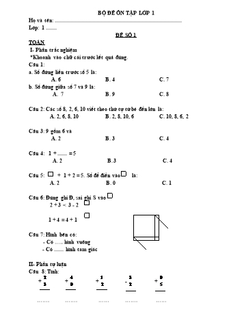 Bộ đề ôn tập môn Toán, Tiếng Việt Lớp 1
