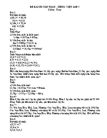 Đề bài ôn tập Toán, Tiếng Việt Lớp 5