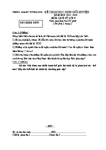 Đề chọn học sinh giỏi huyện môn Lịch sử Lớp 8 - Năm học 2003-2004 - Phòng GD&ĐT Bình Giang (Có đáp án)