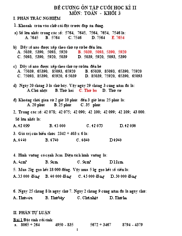 Đề cương ôn tập cuối học kì II môn Toán, Tiếng Việt Khối 3