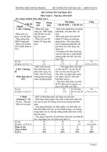 Đề cương ôn tập học kì I môn Toán Lớp 8 - Năm học 2014-2015 - Trường THCS Hùng Thắng (Có đáp án)