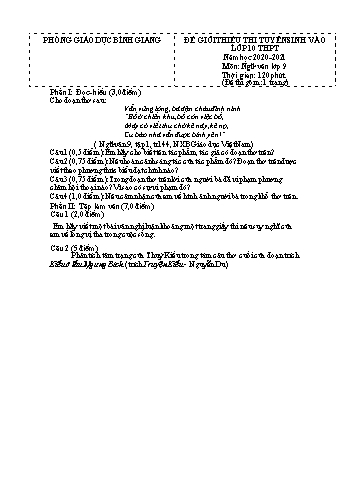 Đề giới thiệu thi tuyển sinh vào lớp 10 THPT môn Ngữ văn Lớp 9 - Năm học 2020-2021 - Phòng GD&ĐT Bình Giang