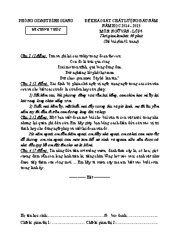 Đề khảo sát chất lượng đầu năm môn Ngữ văn Lớp 6 - Năm học 2014-2015 - Phòng GD&ĐT Bình Giang