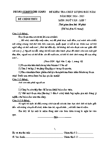 Đề khảo sát chất lượng đầu năm môn Ngữ văn Lớp 7 - Năm học 2014-2015 - Phòng GD&ĐT Bình Giang (Có đáp án)