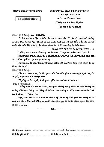 Đề khảo sát chất lượng đầu năm môn Ngữ văn Lớp 8 - Năm học 2014-2015 - Phòng GD&ĐT Bình Giang (Có đáp án)
