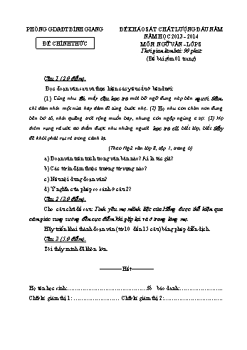 Đề khảo sát chất lượng đầu năm môn Ngữ văn Lớp 8 - Năm học 2013-2014 - Phòng GD&ĐT Bình Giang (Có đáp án)